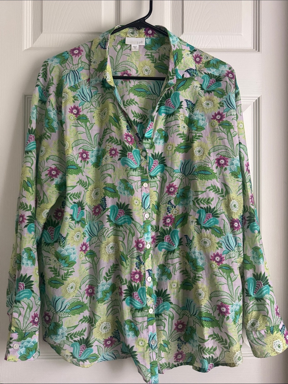 J. Jill Lightweight Floral Button-Up Shirt - Green/Purple